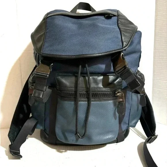 Coach unisex navy blue black leather nylon backpack - Picture 14 of 16